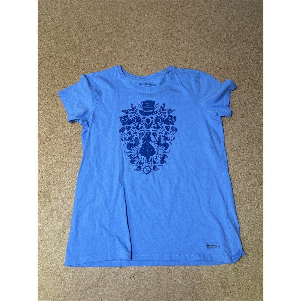 Life is Good Women’s L Alice in Wonderland Crusher Short Sleeve Tee Blue B3